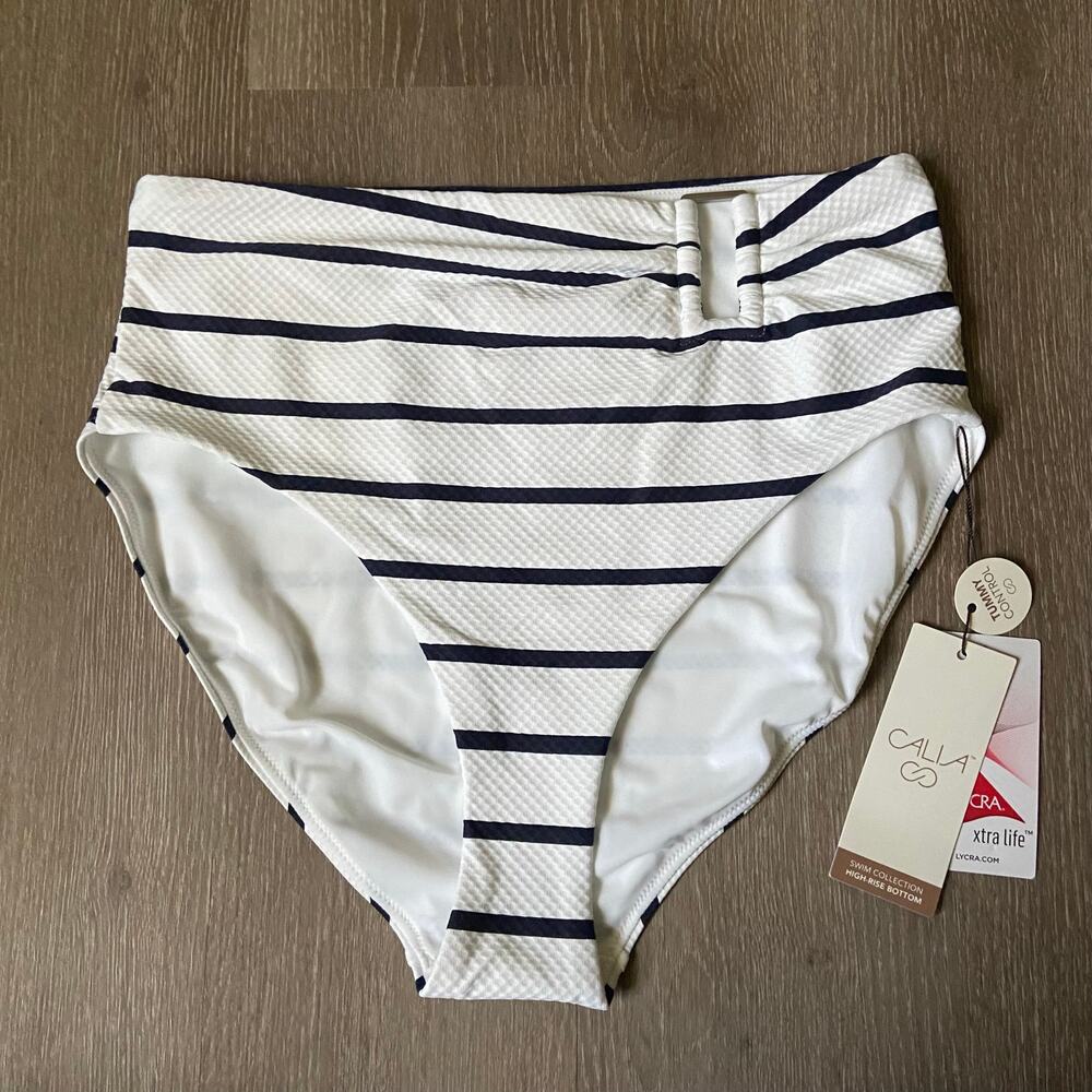 CALIA Asym Rectangle Trim Bottom Women's M White Blue Stripe Mesh Bikini Brief